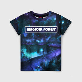 Детская футболка 3D с принтом MAGICAL FOREST в Белгороде, 100% гипоаллергенный полиэфир | прямой крой, круглый вырез горловины, длина до линии бедер, чуть спущенное плечо, ткань немного тянется | звездное небо | магический лес | неоновая пыль | неоновые линии | озеро ночью | отражение в озере | светлячки в лесу