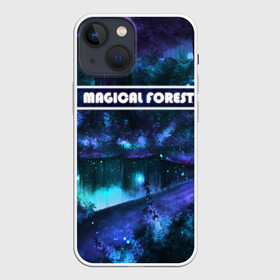 Чехол для iPhone 13 mini с принтом MAGICAL FOREST в Белгороде,  |  | звездное небо | магический лес | неоновая пыль | неоновые линии | озеро ночью | отражение в озере | светлячки в лесу