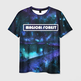 Мужская футболка 3D с принтом MAGICAL FOREST в Белгороде, 100% полиэфир | прямой крой, круглый вырез горловины, длина до линии бедер | звездное небо | магический лес | неоновая пыль | неоновые линии | озеро ночью | отражение в озере | светлячки в лесу