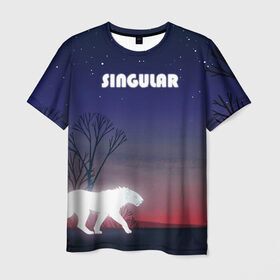 Мужская футболка 3D с принтом SINGULAR в Белгороде, 100% полиэфир | прямой крой, круглый вырез горловины, длина до линии бедер | Тематика изображения на принте: алый закат | звездное небо | неоновый тигр | ночное небо | тигр на закате