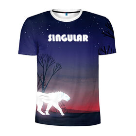 Мужская футболка 3D спортивная с принтом SINGULAR в Белгороде, 100% полиэстер с улучшенными характеристиками | приталенный силуэт, круглая горловина, широкие плечи, сужается к линии бедра | Тематика изображения на принте: алый закат | звездное небо | неоновый тигр | ночное небо | тигр на закате