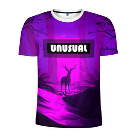 Мужская футболка 3D спортивная с принтом UNUSUAL в Белгороде, 100% полиэстер с улучшенными характеристиками | приталенный силуэт, круглая горловина, широкие плечи, сужается к линии бедра | деревья | неоновая надпись | неоновый лес | неоновый свет | ночное небо | ночной лес | олень | природа