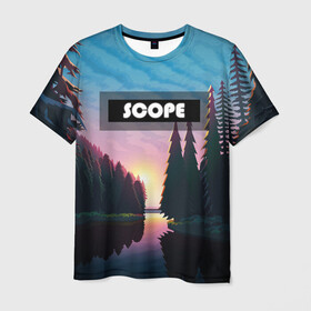 Мужская футболка 3D с принтом SCOPE в Белгороде, 100% полиэфир | прямой крой, круглый вырез горловины, длина до линии бедер | вечернее небо | голубое небо | деревья | закат | лес | неоновая надпись | озеро | река