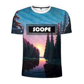 Мужская футболка 3D спортивная с принтом SCOPE в Белгороде, 100% полиэстер с улучшенными характеристиками | приталенный силуэт, круглая горловина, широкие плечи, сужается к линии бедра | Тематика изображения на принте: вечернее небо | голубое небо | деревья | закат | лес | неоновая надпись | озеро | река