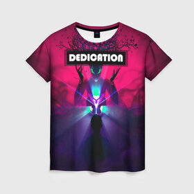 Женская футболка 3D с принтом DEDICATION в Белгороде, 100% полиэфир ( синтетическое хлопкоподобное полотно) | прямой крой, круглый вырез горловины, длина до линии бедер | иллюстрация | неоновый лучи | неоновый свет | со смыслом | существо мифическое | фантастика | фентези | человек | эпичный арт