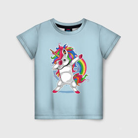 Детская футболка 3D с принтом Единорог | Dab в Белгороде, 100% гипоаллергенный полиэфир | прямой крой, круглый вырез горловины, длина до линии бедер, чуть спущенное плечо, ткань немного тянется | dab | dab единорог | dabbing unicorn | unicorn | брызги красок | единорог радуга | краски | прикольные картинки | радуга | радужные краски | радужный единорог