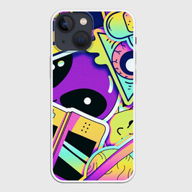 Чехол для iPhone 13 mini с принтом Alien в Белгороде,  |  | alien | art | emoticons | mushrooms | phone | planet | plaster | smartphone | smilies | stickers | ufo | арт | грибы | инопланетянин | нло | планета | пластырь | пришелец | смайлики | смайлы | смартфон | стикеры | телефон