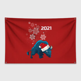 Флаг-баннер с принтом Бык 2021 в Белгороде, 100% полиэстер | размер 67 х 109 см, плотность ткани — 95 г/м2; по краям флага есть четыре люверса для крепления | 2021 | бык | бык в шапке  санта клауса. | год быка | гороскопы | китайский гороскоп | синий бык
