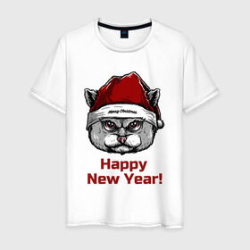 Мужская футболка хлопок с принтом Злой кот Happy New Year! в Белгороде, 100% хлопок | прямой крой, круглый вырез горловины, длина до линии бедер, слегка спущенное плечо. | 