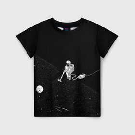 Детская футболка 3D с принтом Космический клининг в Белгороде, 100% гипоаллергенный полиэфир | прямой крой, круглый вырез горловины, длина до линии бедер, чуть спущенное плечо, ткань немного тянется | cleaner | cosmonaut | moon | space | stars | vacuum | звезды | космонавт | космос | луна | пылесос | уборка