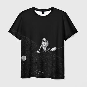 Мужская футболка 3D с принтом Космический клининг в Белгороде, 100% полиэфир | прямой крой, круглый вырез горловины, длина до линии бедер | cleaner | cosmonaut | moon | space | stars | vacuum | звезды | космонавт | космос | луна | пылесос | уборка