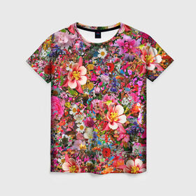 Женская футболка 3D с принтом Разные цветы в Белгороде, 100% полиэфир ( синтетическое хлопкоподобное полотно) | прямой крой, круглый вырез горловины, длина до линии бедер | колокольчики | красота | пион | прикольная | природа | растения | роза | тюльпан | цветок | цветы