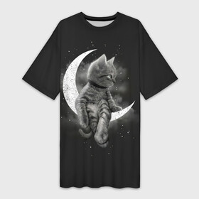 Платье-футболка 3D с принтом Котик на луне в Белгороде,  |  | cat | likee | tik tok | астронавт | вселенная | галактика | грозовой кошак | дым | звезда | космос | кот | кот в космосе | кот на луне | котик | кошак | кошечка | кошка | лайки | луна | милый кот | мур | мяу | облако