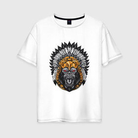 Женская футболка хлопок Oversize с принтом Шаман обезьян в Белгороде, 100% хлопок | свободный крой, круглый ворот, спущенный рукав, длина до линии бедер
 | арт | дикий | дикий зверь | дикое животное | зверь | индеец | индейцы | обезьяна | рисунок | шимпанзе