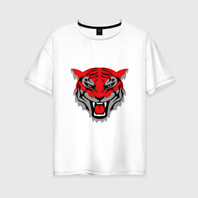 Женская футболка хлопок Oversize с принтом Оскалившийся тигр в Белгороде, 100% хлопок | свободный крой, круглый ворот, спущенный рукав, длина до линии бедер
 | арт | красный | опасно | опасное животное | опасность | опасный зверь | оскал | рисунок | тигр