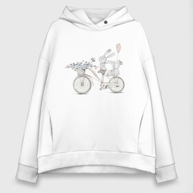 Женское худи Oversize хлопок с принтом Кролики на велосипеде в Белгороде, френч-терри — 70% хлопок, 30% полиэстер. Мягкий теплый начес внутри —100% хлопок | боковые карманы, эластичные манжеты и нижняя кромка, капюшон на магнитной кнопке | Тематика изображения на принте: ball | bike | bunny | flowers | велосипед | зайчики | кролики | цветы | шарик