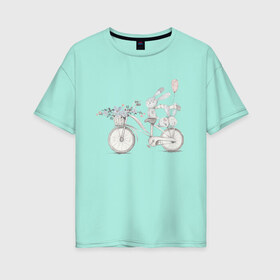 Женская футболка хлопок Oversize с принтом Кролики на велосипеде в Белгороде, 100% хлопок | свободный крой, круглый ворот, спущенный рукав, длина до линии бедер
 | ball | bike | bunny | flowers | велосипед | зайчики | кролики | цветы | шарик