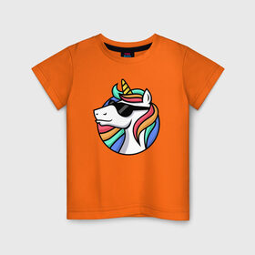 Детская футболка хлопок с принтом Стильный единорог в Белгороде, 100% хлопок | круглый вырез горловины, полуприлегающий силуэт, длина до линии бедер | Тематика изображения на принте: rainbow | unicorn | единорог | очки | радуга