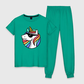 Женская пижама хлопок с принтом Стильный единорог в Белгороде, 100% хлопок | брюки и футболка прямого кроя, без карманов, на брюках мягкая резинка на поясе и по низу штанин | rainbow | unicorn | единорог | очки | радуга