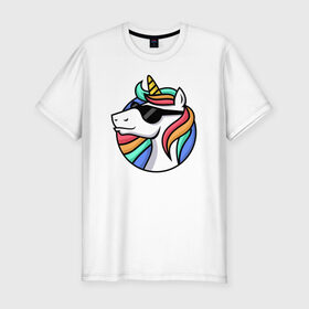 Мужская футболка хлопок Slim с принтом Стильный единорог в Белгороде, 92% хлопок, 8% лайкра | приталенный силуэт, круглый вырез ворота, длина до линии бедра, короткий рукав | Тематика изображения на принте: rainbow | unicorn | единорог | очки | радуга