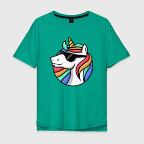 Мужская футболка хлопок Oversize с принтом Стильный единорог в Белгороде, 100% хлопок | свободный крой, круглый ворот, “спинка” длиннее передней части | Тематика изображения на принте: rainbow | unicorn | единорог | очки | радуга