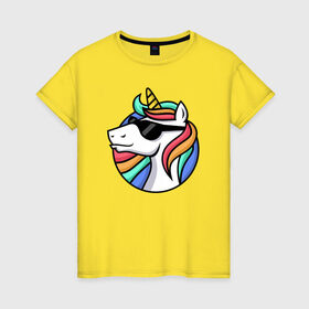 Женская футболка хлопок с принтом Стильный единорог в Белгороде, 100% хлопок | прямой крой, круглый вырез горловины, длина до линии бедер, слегка спущенное плечо | Тематика изображения на принте: rainbow | unicorn | единорог | очки | радуга