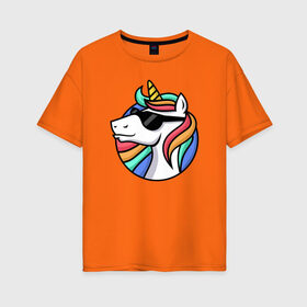 Женская футболка хлопок Oversize с принтом Стильный единорог в Белгороде, 100% хлопок | свободный крой, круглый ворот, спущенный рукав, длина до линии бедер
 | rainbow | unicorn | единорог | очки | радуга