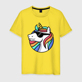 Мужская футболка хлопок с принтом Стильный единорог в Белгороде, 100% хлопок | прямой крой, круглый вырез горловины, длина до линии бедер, слегка спущенное плечо. | rainbow | unicorn | единорог | очки | радуга
