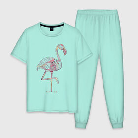 Мужская пижама хлопок с принтом Узорчатый фламинго в Белгороде, 100% хлопок | брюки и футболка прямого кроя, без карманов, на брюках мягкая резинка на поясе и по низу штанин
 | bird | flamingo | spiral | птица | спираль | узор | фламинго