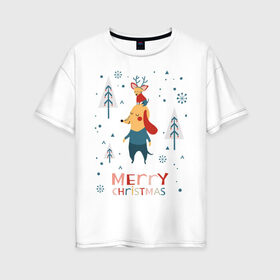 Женская футболка хлопок Oversize с принтом Merry Christmas (Собачки) в Белгороде, 100% хлопок | свободный крой, круглый ворот, спущенный рукав, длина до линии бедер
 | 