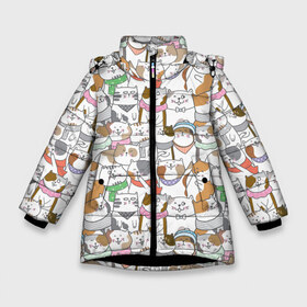 Зимняя куртка для девочек 3D с принтом Большая семья котиков в Белгороде, ткань верха — 100% полиэстер; подклад — 100% полиэстер, утеплитель — 100% полиэстер. | длина ниже бедра, удлиненная спинка, воротник стойка и отстегивающийся капюшон. Есть боковые карманы с листочкой на кнопках, утяжки по низу изделия и внутренний карман на молнии. 

Предусмотрены светоотражающий принт на спинке, радужный светоотражающий элемент на пуллере молнии и на резинке для утяжки. | bow | cat | scarf | spots | бант | косынка | кот | полоски | пятна | улыбки | шапка | шарф