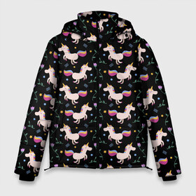 Мужская зимняя куртка 3D с принтом Unicorns pattern в Белгороде, верх — 100% полиэстер; подкладка — 100% полиэстер; утеплитель — 100% полиэстер | длина ниже бедра, свободный силуэт Оверсайз. Есть воротник-стойка, отстегивающийся капюшон и ветрозащитная планка. 

Боковые карманы с листочкой на кнопках и внутренний карман на молнии. | Тематика изображения на принте: flower | hoofs | horn | leaf | mane | pattern | star | unicorn | грива | единорог | звезда | копыта | лист | рог | узор | цветок
