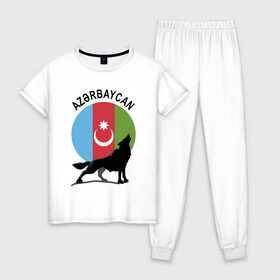 Женская пижама хлопок с принтом Азербайджан в Белгороде, 100% хлопок | брюки и футболка прямого кроя, без карманов, на брюках мягкая резинка на поясе и по низу штанин | azerbaijan | baku | азер | азербайджан | баку | герб | страна | флаг