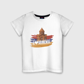 Детская футболка хлопок с принтом Армения в Белгороде, 100% хлопок | круглый вырез горловины, полуприлегающий силуэт, длина до линии бедер | armenia | арарат | армения | герб | горы | лев | страна | флаг | шашлык