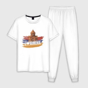 Мужская пижама хлопок с принтом Армения в Белгороде, 100% хлопок | брюки и футболка прямого кроя, без карманов, на брюках мягкая резинка на поясе и по низу штанин
 | armenia | арарат | армения | герб | горы | лев | страна | флаг | шашлык