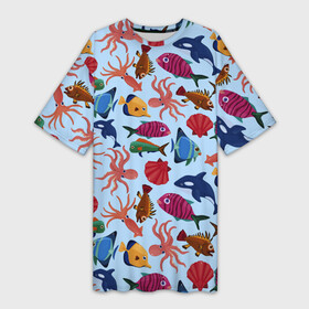 Платье-футболка 3D с принтом Подводный мир в Белгороде,  |  | акулы | голубая футболка | дельфины | детская | киты | море | морские жители | океан | осьминог | прикольная | ракушка | ракушки | река | рыба | рыбы