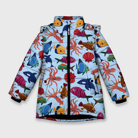Зимняя куртка для девочек 3D с принтом Подводный мир в Белгороде, ткань верха — 100% полиэстер; подклад — 100% полиэстер, утеплитель — 100% полиэстер. | длина ниже бедра, удлиненная спинка, воротник стойка и отстегивающийся капюшон. Есть боковые карманы с листочкой на кнопках, утяжки по низу изделия и внутренний карман на молнии. 

Предусмотрены светоотражающий принт на спинке, радужный светоотражающий элемент на пуллере молнии и на резинке для утяжки. | Тематика изображения на принте: акулы | голубая футболка | дельфины | детская | киты | море | морские жители | океан | осьминог | прикольная | ракушка | ракушки | река | рыба | рыбы