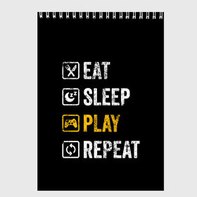 Скетчбук с принтом Eat Sleep Play Repeat в Белгороде, 100% бумага
 | 48 листов, плотность листов — 100 г/м2, плотность картонной обложки — 250 г/м2. Листы скреплены сверху удобной пружинной спиралью | art | food | gamepad | games | inscription | joystick | schedule | sleep | text | арт | джойстик | еда | игры | надпись | расписание | сон | текст