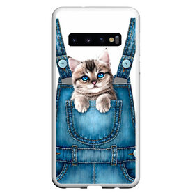 Чехол для Samsung Galaxy S10 с принтом КОТЕНОК В КАРМАНЕ в Белгороде, Силикон | Область печати: задняя сторона чехла, без боковых панелей | cat | барсик | девочкам | джинсы | карман | киса | комбинезон | костюм | кот | котенок | котик | кошка | красиво | мило | мяу | одежда