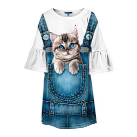 Детское платье 3D с принтом КОТЕНОК В КАРМАНЕ в Белгороде, 100% полиэстер | прямой силуэт, чуть расширенный к низу. Круглая горловина, на рукавах — воланы | Тематика изображения на принте: cat | барсик | девочкам | джинсы | карман | киса | комбинезон | костюм | кот | котенок | котик | кошка | красиво | мило | мяу | одежда