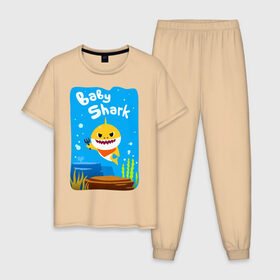 Мужская пижама хлопок с принтом Baby Shark в Белгороде, 100% хлопок | брюки и футболка прямого кроя, без карманов, на брюках мягкая резинка на поясе и по низу штанин
 | babyshark | babysharkchallenge | babysharkdance | акулёнок | детскаяпесенка | семьяакул