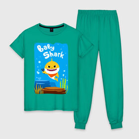 Женская пижама хлопок с принтом Baby Shark в Белгороде, 100% хлопок | брюки и футболка прямого кроя, без карманов, на брюках мягкая резинка на поясе и по низу штанин | babyshark | babysharkchallenge | babysharkdance | акулёнок | детскаяпесенка | семьяакул