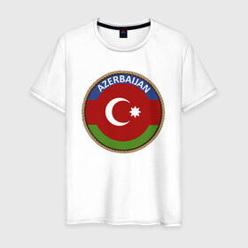 Мужская футболка хлопок с принтом Азербайджан в Белгороде, 100% хлопок | прямой крой, круглый вырез горловины, длина до линии бедер, слегка спущенное плечо. | Тематика изображения на принте: azerbaijan | baku | азербайджан | баку | герб | флаг