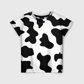 Детская футболка 3D с принтом Му-му в Белгороде, 100% гипоаллергенный полиэфир | прямой крой, круглый вырез горловины, длина до линии бедер, чуть спущенное плечо, ткань немного тянется | абстракция | бык | кожа коровы | корова | му му | пятна | черно белое | черно белые пятна