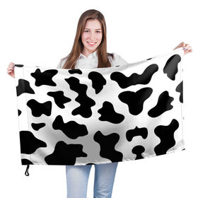 Флаг 3D с принтом Му-му в Белгороде, 100% полиэстер | плотность ткани — 95 г/м2, размер — 67 х 109 см. Принт наносится с одной стороны | Тематика изображения на принте: абстракция | бык | кожа коровы | корова | му му | пятна | черно белое | черно белые пятна