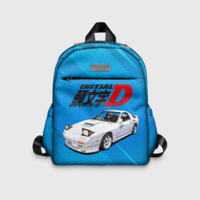 Детский рюкзак 3D с принтом Initial D машина на голубом фоне в Белгороде, 100% полиэстер | лямки с регулируемой длиной, сверху петелька, чтобы рюкзак можно было повесить на вешалку. Основное отделение закрывается на молнию, как и внешний карман. Внутри дополнительный карман. По бокам два дополнительных кармашка | initial d | аниме | гонки | инициал ди | король дрифта | уличные гонки | фильм