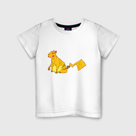 Детская футболка хлопок с принтом Пикачу в Белгороде, 100% хлопок | круглый вырез горловины, полуприлегающий силуэт, длина до линии бедер | аниме | капибара | пикачу | покемон | покемоны