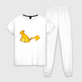 Женская пижама хлопок с принтом Пикачу в Белгороде, 100% хлопок | брюки и футболка прямого кроя, без карманов, на брюках мягкая резинка на поясе и по низу штанин | Тематика изображения на принте: аниме | капибара | пикачу | покемон | покемоны