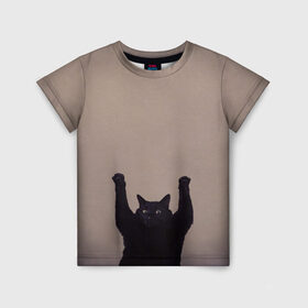 Детская футболка 3D с принтом Кот сдается в Белгороде, 100% гипоаллергенный полиэфир | прямой крой, круглый вырез горловины, длина до линии бедер, чуть спущенное плечо, ткань немного тянется | cat | арест | испуг | кот | руки вверх | черный кот