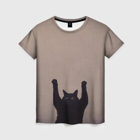 Женская футболка 3D с принтом Кот сдается в Белгороде, 100% полиэфир ( синтетическое хлопкоподобное полотно) | прямой крой, круглый вырез горловины, длина до линии бедер | cat | арест | испуг | кот | руки вверх | черный кот